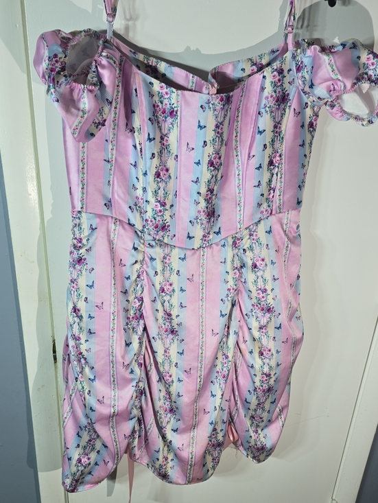 Sugar Thrillz Dresses & Skirts - Sugar Thrillz Pink and Light Blue Floral Stripe Off-Shoulder Dress